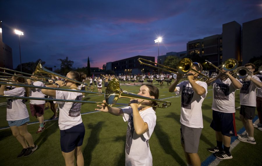 Trombone+players+and+the+rest+of+the+Pride+of+Arizona+marching+band+practice+on+Bear+Down+Field+during+the+final+day+of+camp+on+Friday%2C+Aug.+19.+%28Courtesy+of+Rebecca+Sasnett+%2F+Pride+of+Arizona%29