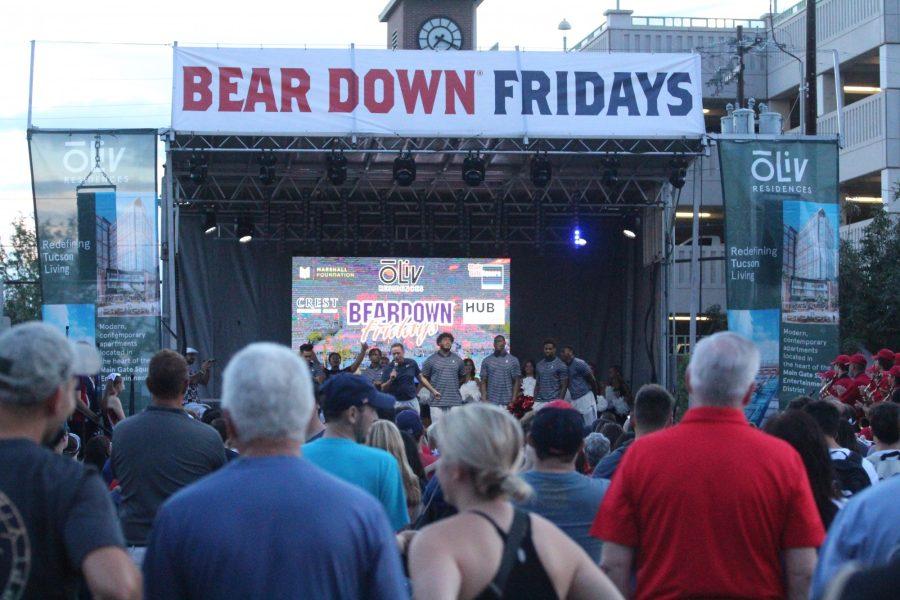 Head coach Jedd Fisch and the Arizona football teams captains on stage at Bear Down Friday, Sept. 9, 2022. The crowd is full for the first pep rally of the year.