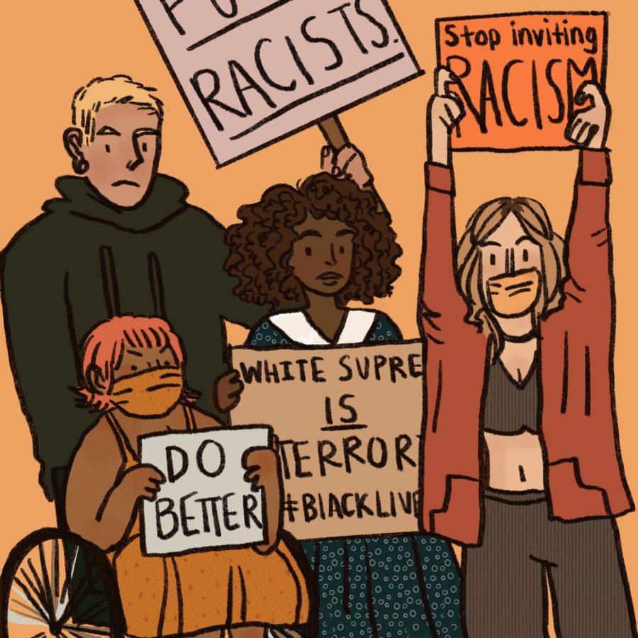 An illustration of students protesting against racism by Mary Ann Vagnerova. 