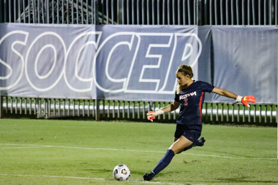 University of Arizona soccer player Hope Hisey blocks a shot on goal during a home game at Murphey Field at Mulcahy Soccer Stadium on Sept. 9, 2021.