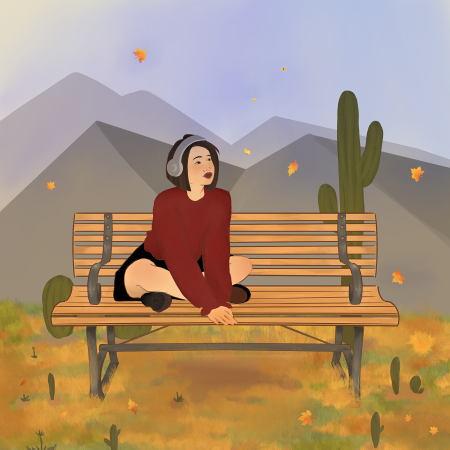 An illustration of a person enjoying fall in the desert by Nettie Gastelum. 