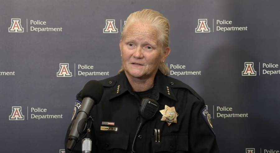 A+screenshot+from+a+livestream+of+University+of+Arizona+Police+Department+Chief+of+Police+Paula+Balafas+during+a+press+conference+on+Oct.+5.+Balafas+disclosed+information+about+the+shooting+at+the+John+W.+Harshbarger+building.