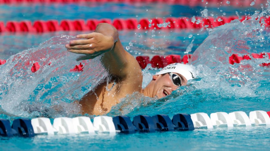 An Arizona men's swimmer competes in the freestyle event on Saturday, Oct. 15, at Hillenbrand Aquatic Center. The Arizona men's swim and dive team won the meet against Grand Canyon University 204-90.&nbsp;