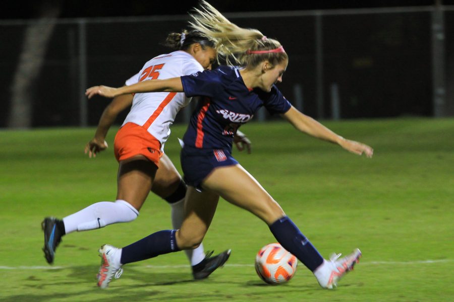 Maddy Koleno fights for the ball at Murphey Field at Mulcahy Stadium on Oct. 27.  Arizona soccer would win against Oregon State University 3-2. 