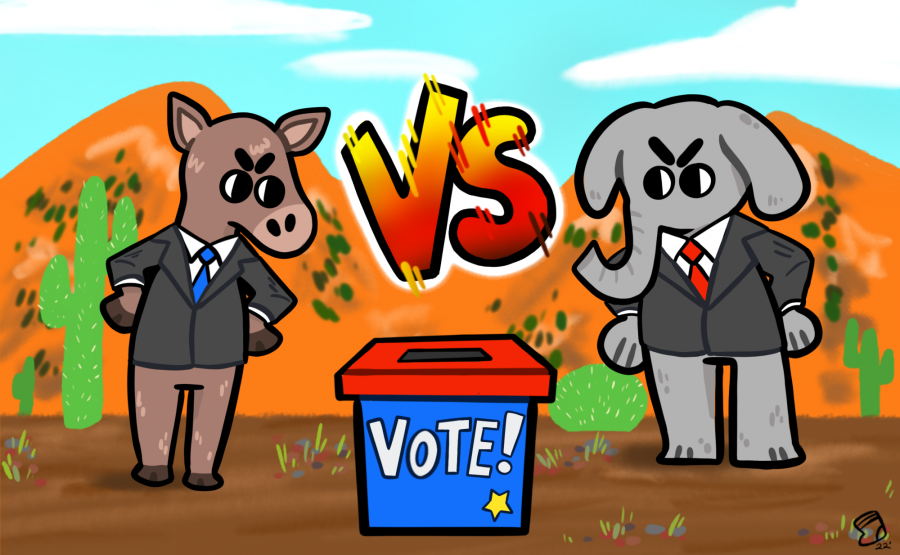 An illustration of the Democratic Partys donkey and the Republican Partys elephant fighting at a poll booth. Image by Farrah Rodriguez. 