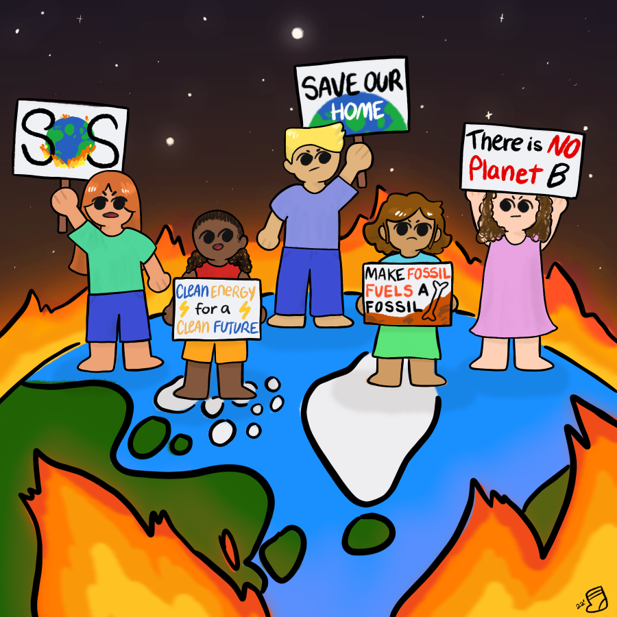 An image of climate protesters standing on a burning world by Farrah Rodriguez.