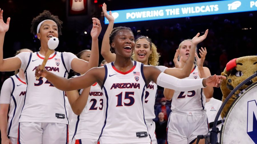 Kailyn+Gilbert%2C+a+guard+on+the+Arizona+womens+basketball+team%2C+is+named+player+of+the+game+and+awarded+the+honor+of+beating+the+drum+for+the+number+of+wins+up+to+that+point.+The+Wildcats+had+earned+two+wins+to+this+point+in+the+season+on+Nov.+13+in+McKale+Center.+The+Wildcats+won+their+second+game+87-47.
