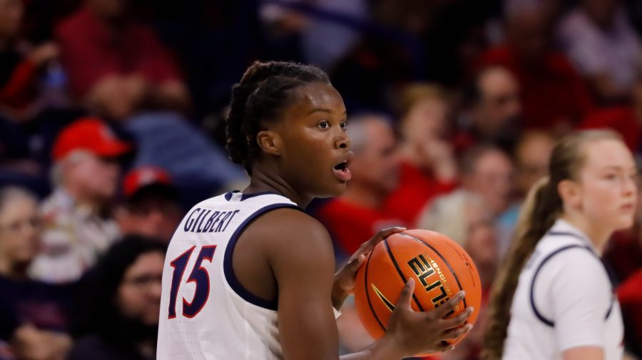 Kailyn+Gilbert+a+guard+on+the+Arizona+womens+basketball+team+dribbles+down+the+court+on+Nov.+13+in+McKale+Center.+The+wildcats+would+go+on+to+win+87-47.