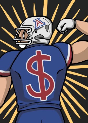 An image of a football player with a dollar sign on his back by Galadriel Gross.