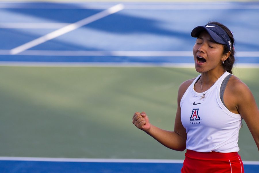 University of Arizonas Midori Castillo-Meza celebrates a point in a match against Grand Canyon University at Robson Tennis Center on Jan 22. The Wildcats went on to win the match 4-0. 