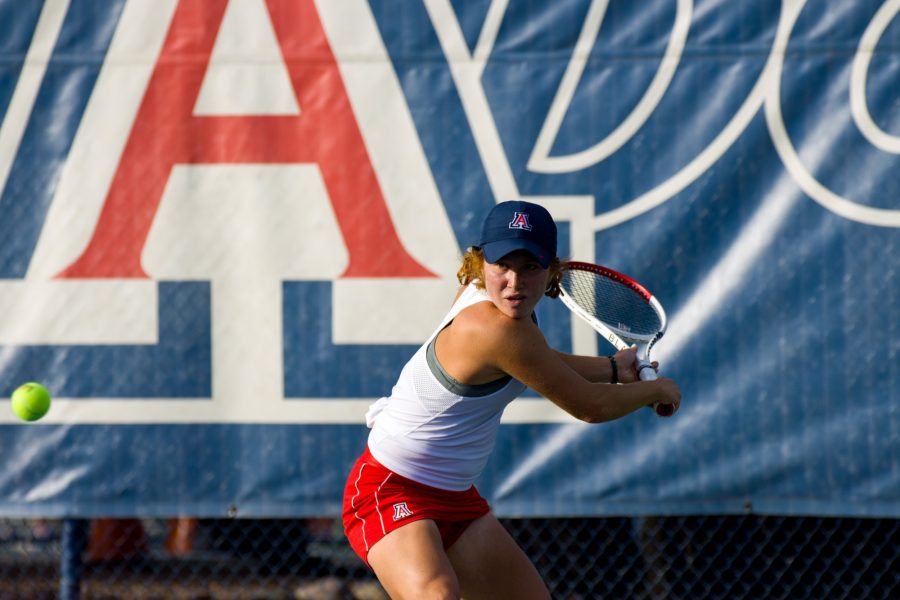 University of Arizonas Kayla Wilkins plays in a match against GCU at the LaNelle Robson Tennis Center on Jan. 22. The Wildcats went on to win the match 4-0. 