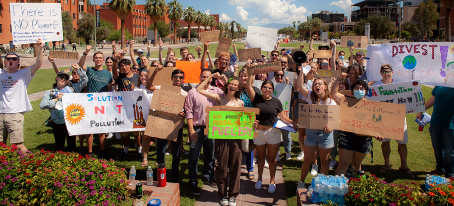 Student members of UAZ Divest attend a rally held on the UA Mall on Sept. 23, 2022. The group’s primary goal is getting the University of Arizona to “align the university’s endowment with mission-driven investments to combat the climate crisis.” (Courtesy Rick Rappaport)