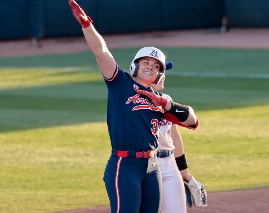 Arizona+softball+player+Devyn+Netz+celebrates+after+hitting+a+double+in+a+game+against+the+University+of+Kansas+during+the+Candrea+Classic+on+Feb.+10+in+Mike+Candrea+Field+at+Rita+Hillenbrand+Memorial+Stadium.+The+Wildcats+beat+Kansas+15-2.