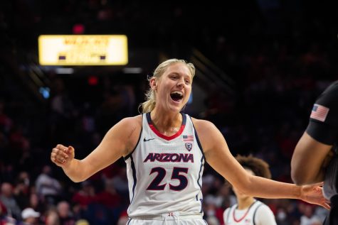 University of Arizonas Cate Reese smiles after a win against the University of Utah womens basketball team Friday, Feb. 17 in Mckale Center. The final score was an 82-72 win for the Wildcats.