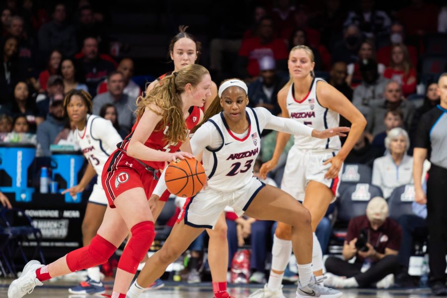 Senior Lauren Fields plays defense during Friday nights game against the University of Utah on Feb. 17 in McKale Memorial Center. The final score was an 82-72 win for the Wildcats.