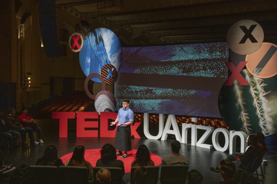 Freshman Hona Vaioleti gives his talk entitled A Life Between Cultures to an audience at the TEDxUArizona event held in Centennial Hall on Jan. 31. (Courtesy Misha Harrison)