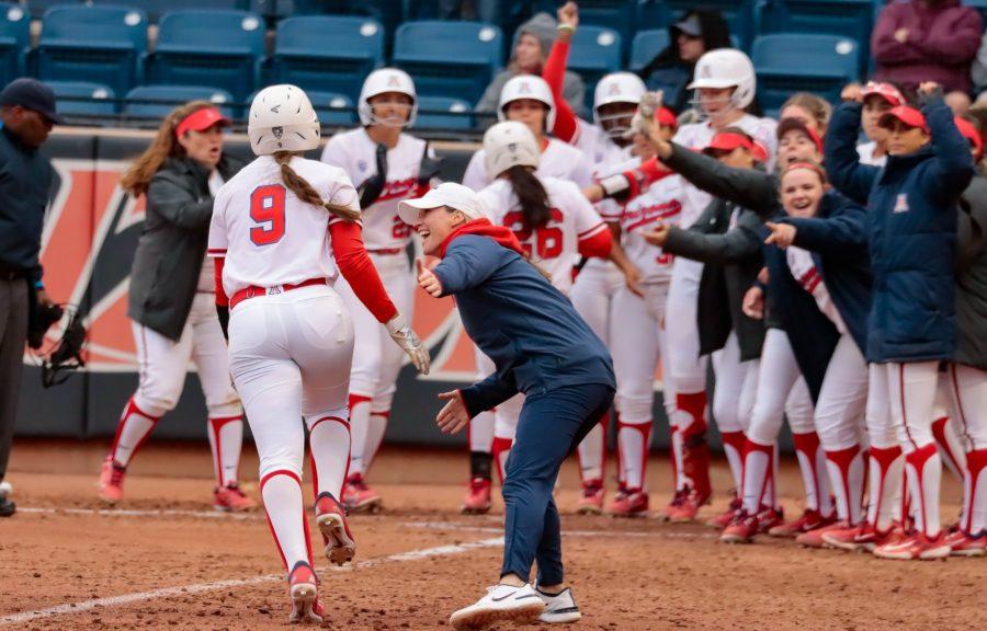 Arizona+softball+player+Allie+Skaggs+rounds+third+and+heads+for+home+after+hitting+her+first+home+run+of+the+season+on+March+1+at+Mike+Candrea+Field+at+Rita+Hillenbrand+Memorial+Stadium.+The+Wildcats+won+9-1+over+California+State+University%2C+Bakersfield.%26nbsp%3B