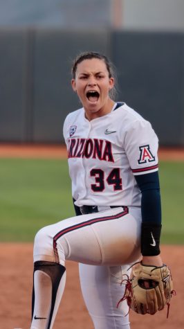 Arizona softball pitcher Devyn Netz celebrates after a strike out in a game against Weber State University on March 3 in Mike Candrea Field at Rita Hillenrand Memorial Stadium. Arizona beat Weber State 8-0.
