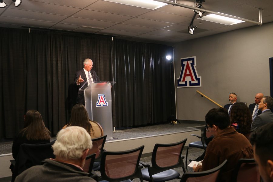 President Dr. Robert C. Robbins speaking at a press conference on March 27 regarding the release of the PAX safety report. The report outlines the institutional issues and safety concerns at the University of Arizona that led to the Oct. 5 shooting of hydrology professor Thomas Meixner. 
