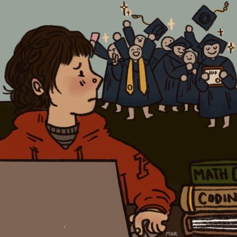 Illustration depicting graduating seniors and the pressure that comes with graduating within a specific time frame. 