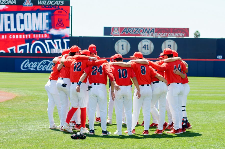 The Arizona baseball team huddles at the start of the last game of the weekend series against Washington State University on April 8th at Hi Corbett Field. The Wildcats took the win 13-1.