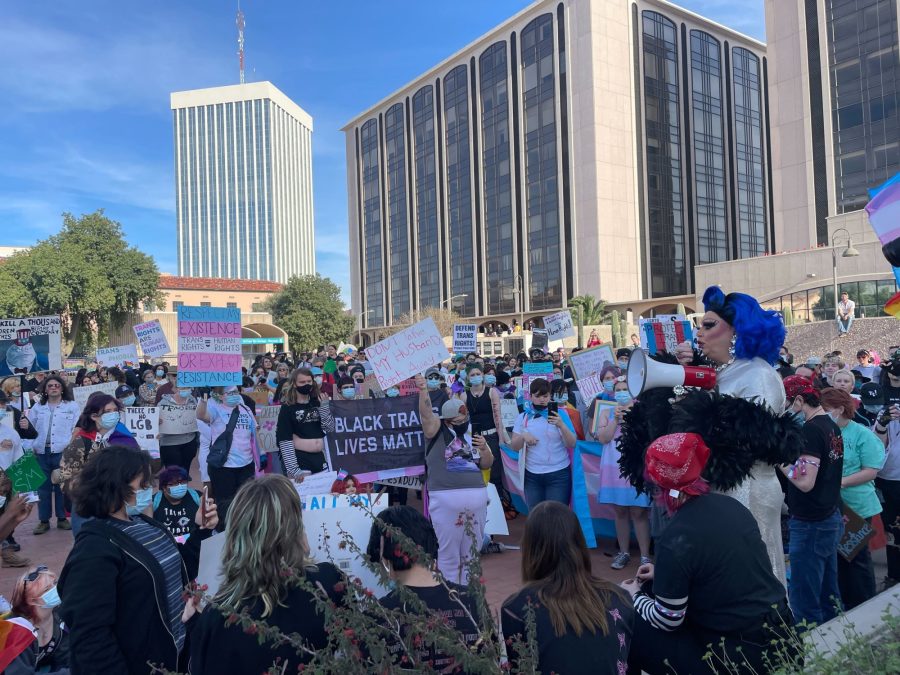 Crowds gathered in Downtown Tucson on International Transgender Day of Visibility to demand action be taken by Arizona legislators to protect trans people. This protest comes at a time in which many states, including Arizona, are promoting anti-trans legislation.
