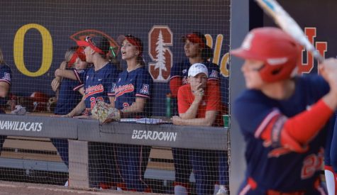 University of Arizona head coach Caitlin Lowe watches one of her players bat during the Pac-12 Softball Tournament on Thursday, May 11, at Mike Candrea Field at Rita Hillenbrand Memorial Stadium. Arizona lost the game against UCLA 4-3 and was eliminated from the tournament.