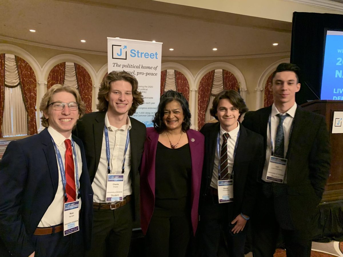Some of the board of J Street U of A at the J Street national conference with Rep. Pramila Jayapal (D-WA). In order from left to right; Ross Nemeth, Charlie Shadid, Daniel Wittenberg and Izak Lord-Wohlstein. Courtesy of Daniel Wittenberg.