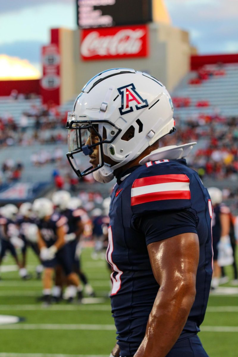 UA linebacker Justin Flowe prepares for the first game of the season on Sept. 2, 2023. After more than three hours of game-play, the Wildcats secured a 38-3 win.