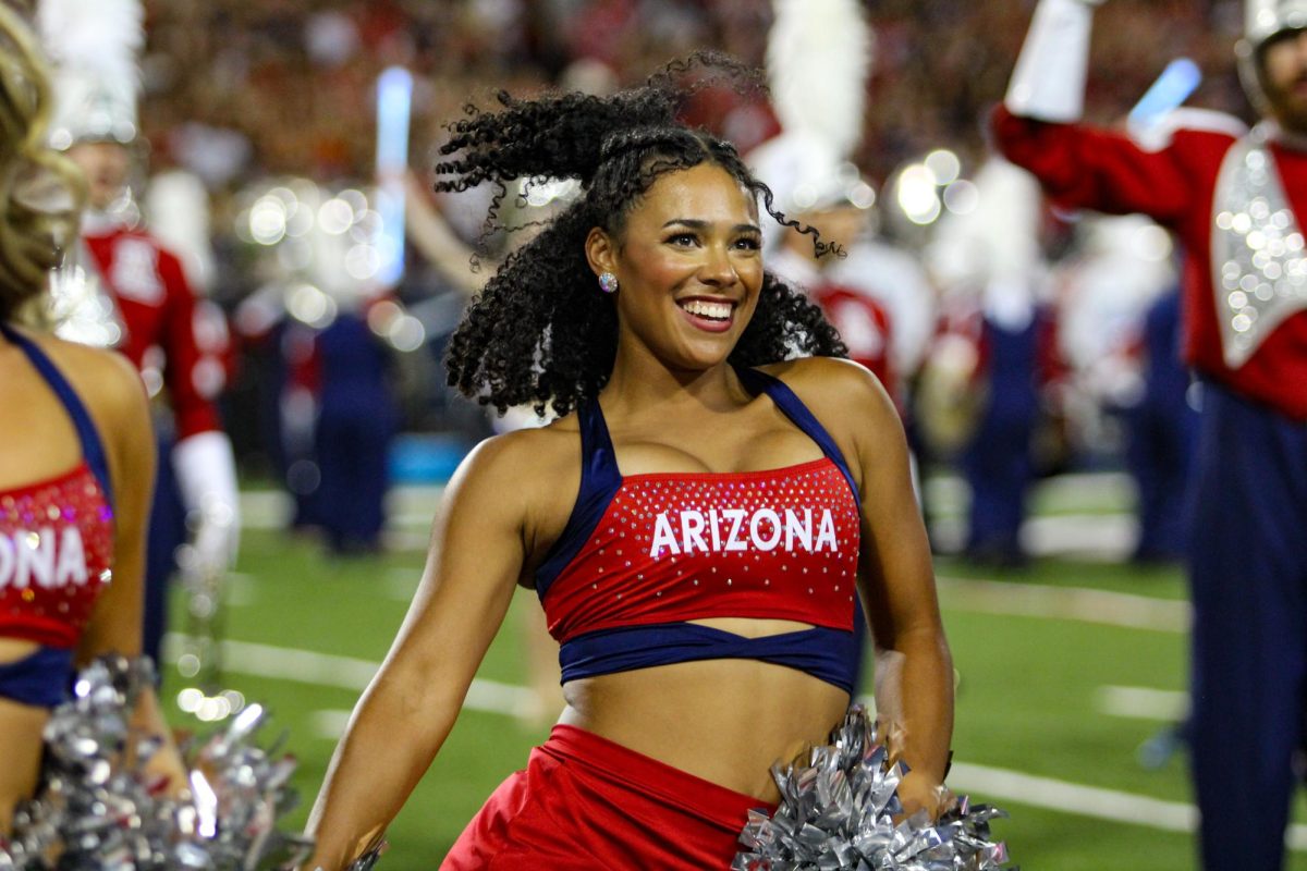 Aaliyah Mazzeo dances on the UA Pomline as the Pride of Arizona takes the field on Sept. 2, 2023. They raised spirits at the home game that ended in a 38-3 win for the Wildcats.