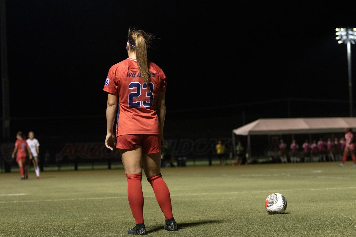 Arizona soccer player Nicole Dallin waits for a signal from the referee during the game on Friday, Sept. 22, at Murphey Field. The Arizona won the game against Oregon 3-0.