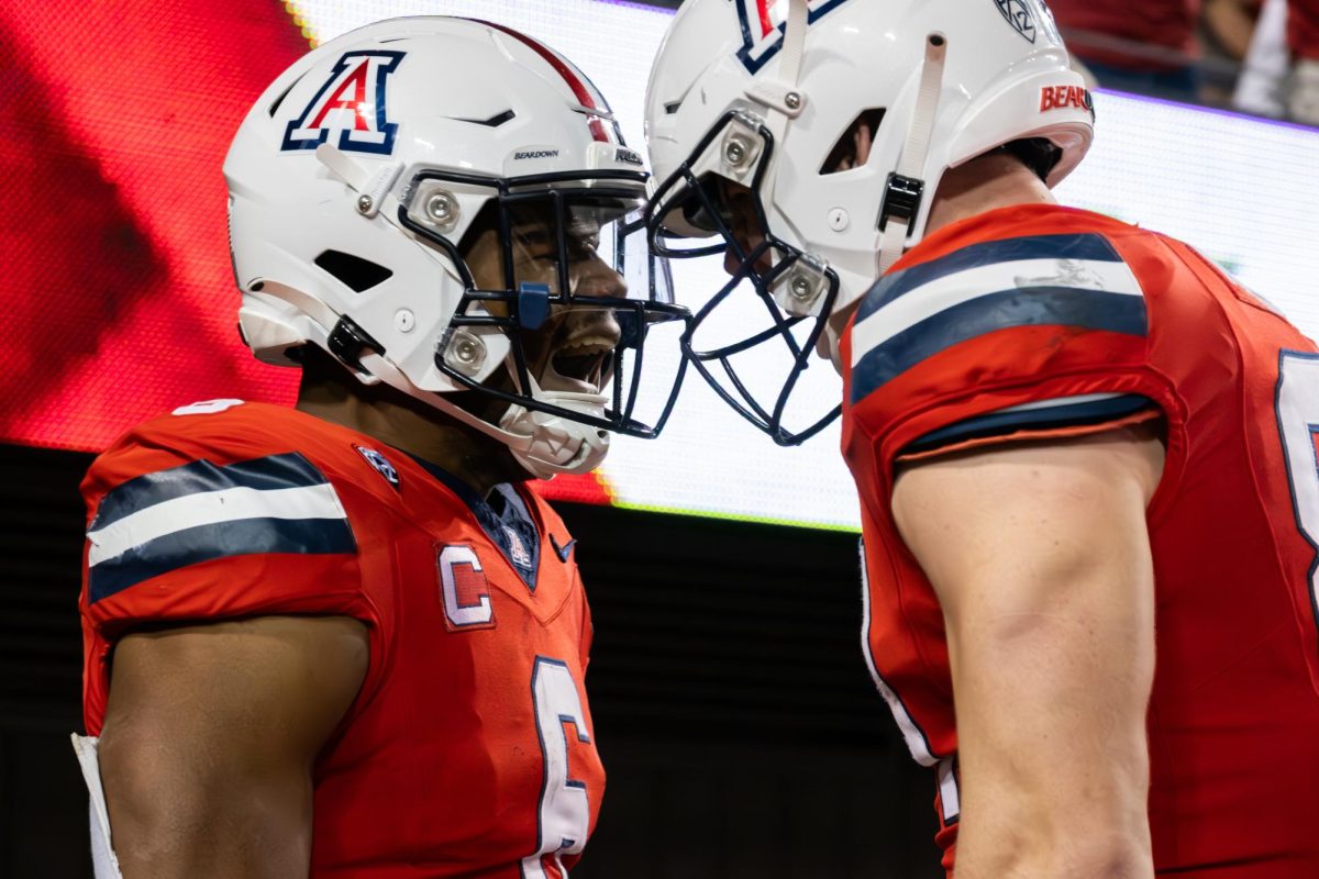 Arizona+football+players+Michael+Wiley+%286%29+and+Tanner+McLachlan+%2884%29+express+emotion+on+Saturday%2C+Oct+28%2C+at+Arizona+Stadium.+Arizona+football+upset+No.+11Oregon+State+University+27-24.