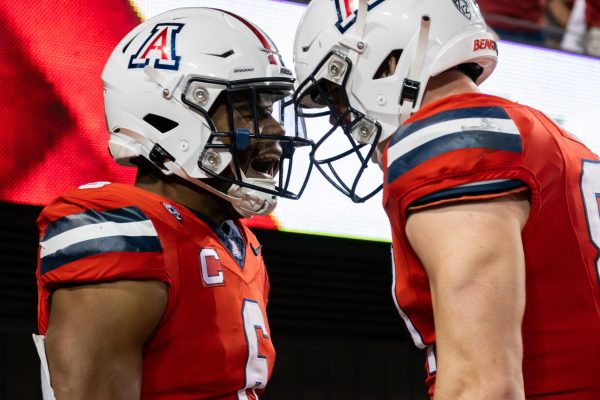 Arizona football players Michael Wiley (6) and Tanner McLachlan (84) express emotion on Saturday, Oct 28, at Arizona Stadium. Arizona football upset No. 11Oregon State University 27-24.