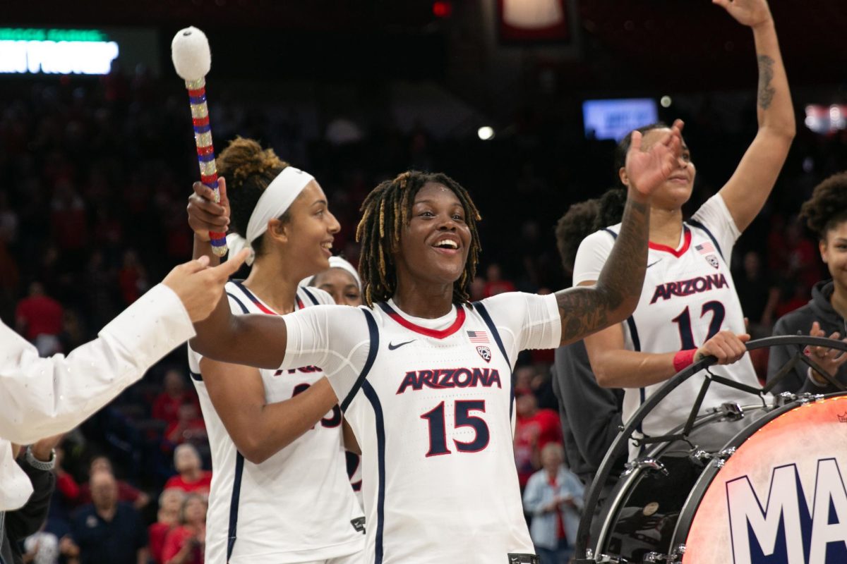 Kailyn+Gilbert+of+the+Arizona+womens+basketball+team+celebrates+being+named+MVP+after+an+exhibition+game+win+against+West+Texas+A%26M+University+in+McKale+Center+in+Tucson+on+Wednesday%2C+Oct.+25.+Gilbert+scored+24+points+in+the+game%2C+leading+the+Wildcats+to+a+103-58+victory.%0A