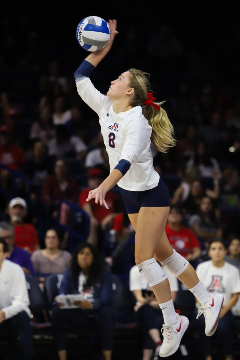 Arizonas+Haven+Wray+serves+the+ball+to+USC+in+the+final+game+of+their+match+in+McKale+Center+on+Oct.+8.+The+Arizona+team+will+go+on+to+play+Oregon+this+week.%0A
