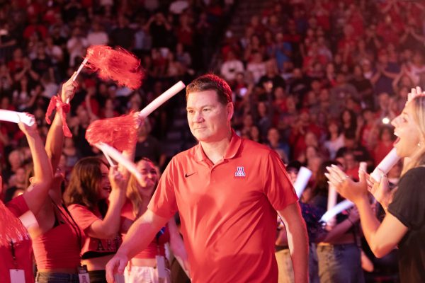 Arizona men’s basketball head coach Tommy Lloyd gets introduced at the Red and Blue game on Sept. 29 in McKale Center. Lloyd was named head coach in April of 2021.