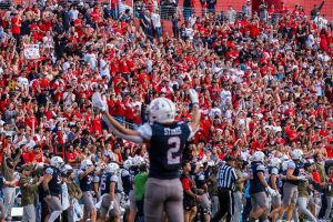 Arizona football's Treydan Stukes (2) enlivens fans on Saturday, Nov. 18, at Arizona Stadium. The football team beat the No. 16 University of Utah 42-18.
