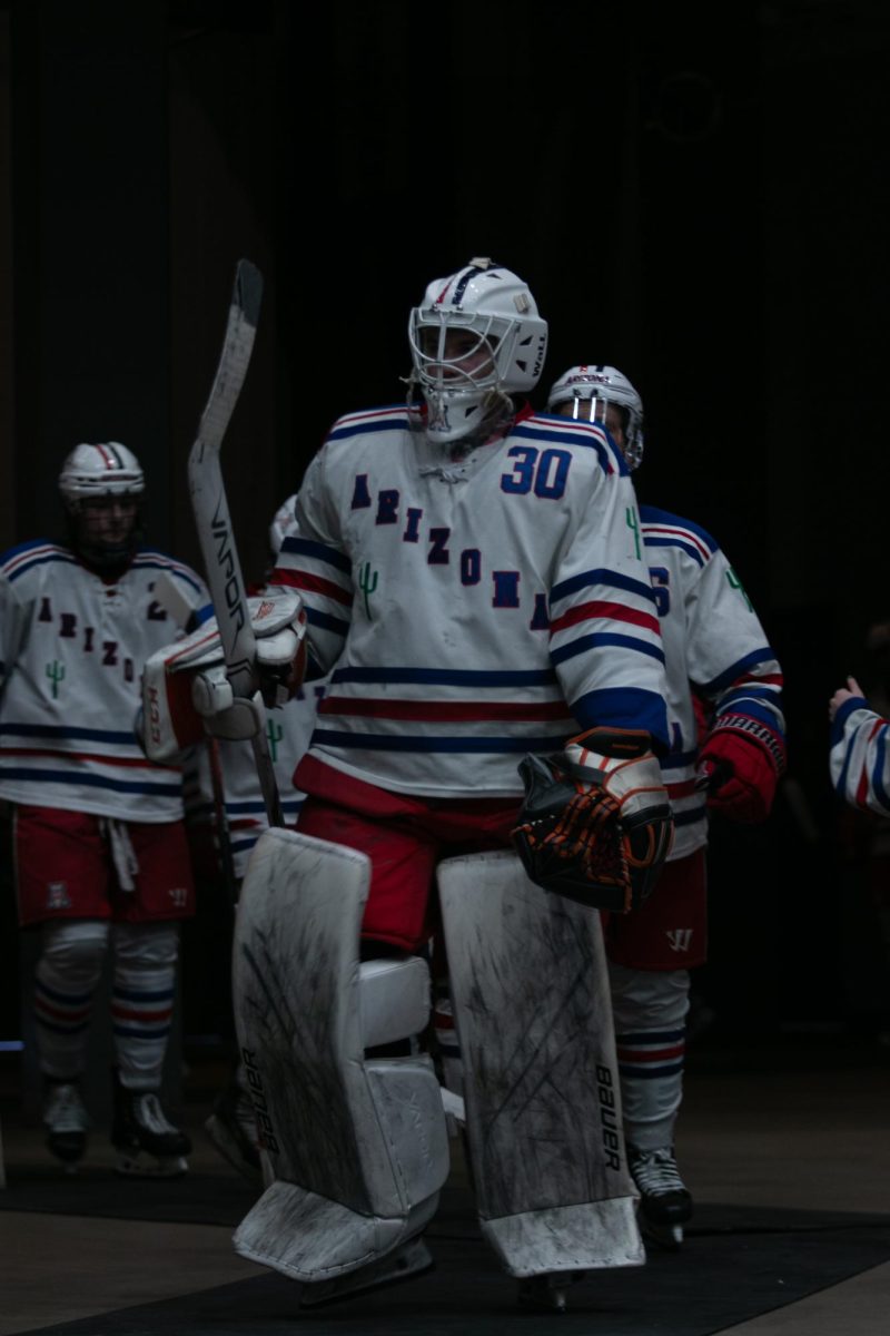 Goalie Niklas Seppänen of the Arizona hockey team leads the team onto the ice as the second period begins during their game in the Tucson Convention Center on Nov. 3. Seppänen would hold his own through the second period, allowing no goals.