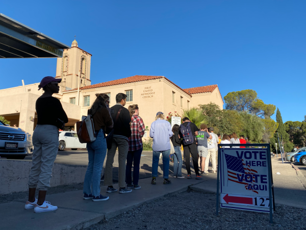 People wait in line to vote for an Arizona midterm election at the First Methodist Church polling station in Tucson on Nov. 8, 2022. Many University of Arizona students chose to vote here due to the close proximity to campus.