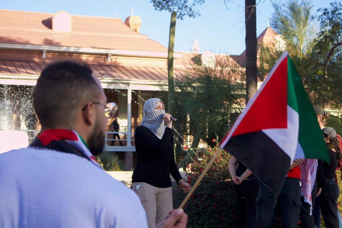 A speaker addresses the crowd at a pro-Palestinian rally on the UA campus on Nov. 9. Several national and international groups called on to participate in Shut It Down for Palestine.