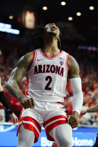 Caleb Love throws down a dunk off a fastbreak during a 20-2 run against Wisconsin on Dec. 9 in McKale Center. Both Caleb and Ballo lit up McKale Center with back to back dunks in this scoring run.

