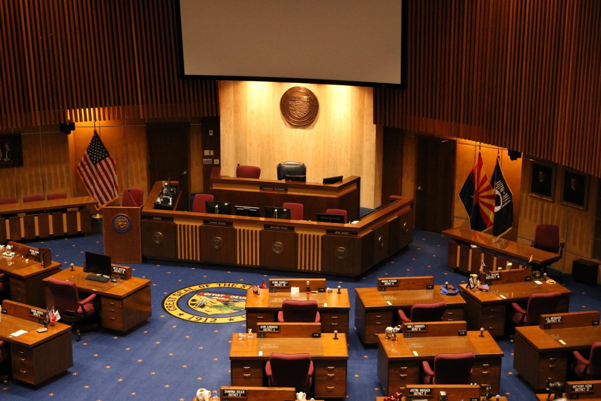 The Arizona State Senate floor is located in Phoenix on Jan. 18. Republicans hold a majority of 16, while Democrats hold a minority of 14 members.
