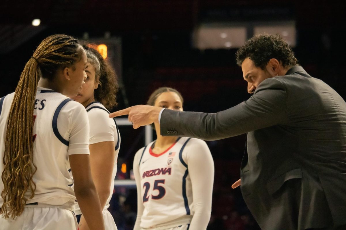 Women%E2%80%99s+basketball+assistant+coach+Salvo+Coppa+gives+directions+to+Skylar+Jones+%28left%29%2C+Esmery+Martinez+and+Breya+Cunningham+in+McKale+Center+on+Jan.+26+against+Cal.+Jones+scored+6+points+in+the+third+quarter+in+her+first+career+start+in+the+matchup.