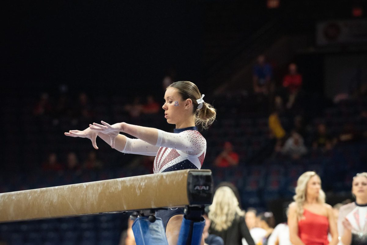 Alysen Fears prepares for her next event on the balance beam in the gymnastics meet against Arizona State on Feb. 15 in McKale Center. Fears has had a career high of 9.875 on this event. 
