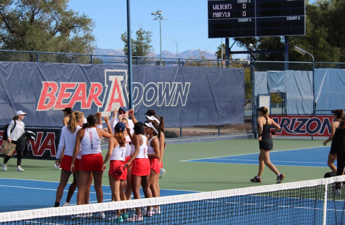 University of Arizona womens tennis plays against Maryland on Feb. 4 at Robson Tennis Center. The women chanted for UA after they won the match 4-2.
