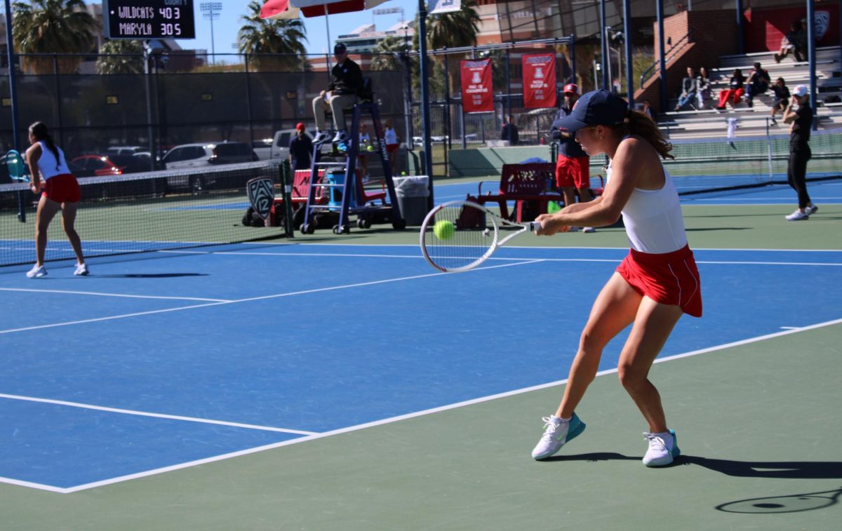 Kayla Wilkins of the UA womens tennis team plays a double against Maryland on Feb. 4 at Robson Tennis Center. The team heads away to play Texas Tech on Feb. 16.
