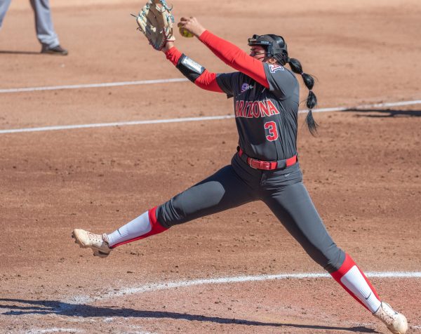 Arizona softballs Aissa Silva pitches in the final game of the Bear Down Fiesta tournament on Friday Feb. 18 in Rita Hillenbrand Stadium. Arizona went 5-1 in the tournament and Silva helped the team by pitching in four of the six games. 