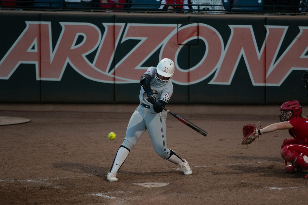 Carlie+Scupin+hits+the+ball+during+the+Hillenbrand+Invitational+at+Rita+Hillenbrand+Stadium+on+Feb+23.+Arizona+held+a+lead%2C+entering+the+top+of+the+fifth+inning+with+a+score+of+5-3.