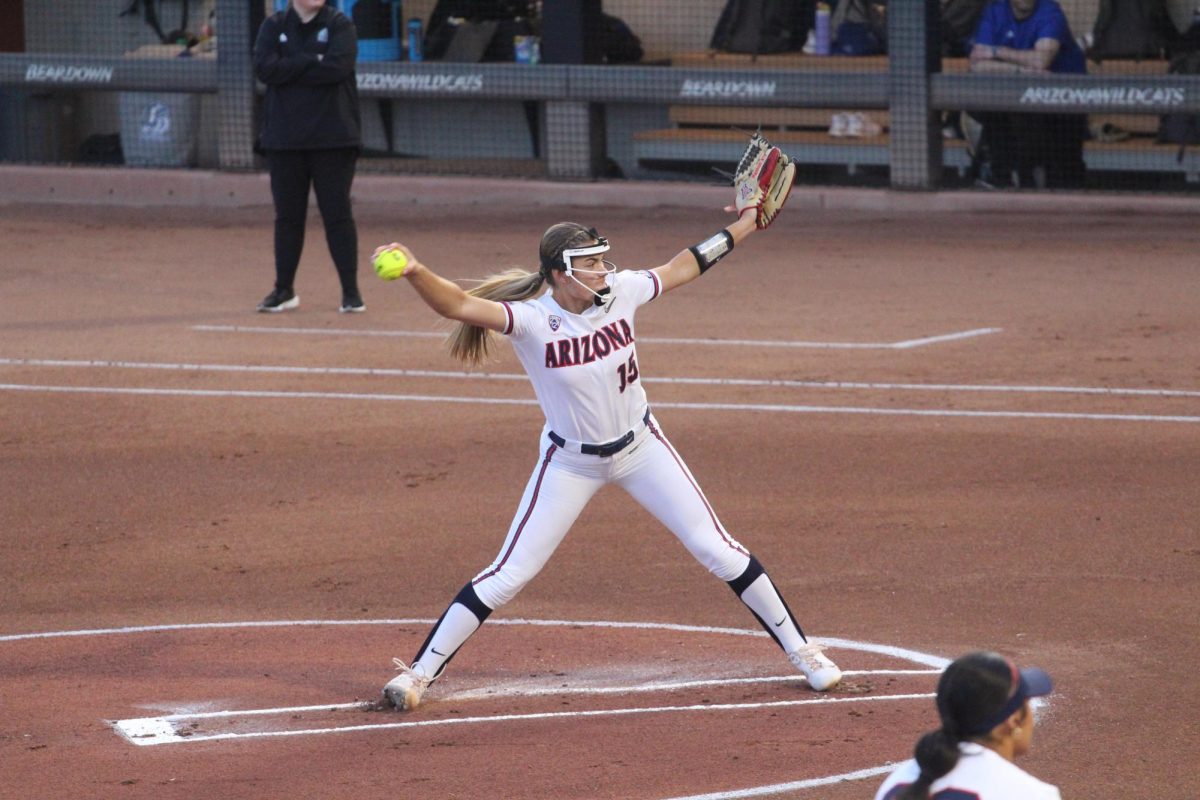 Arizona Brooke Mannon pitches in the first inning of the Hillenbrand Invitational against Drake on Feb. 22. Mannon threw six scoreless innings.