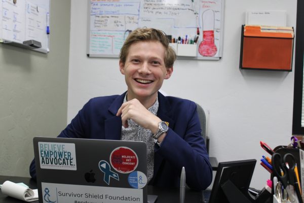 Jake Martin at his Survivor Shield Foundation office in Tucson on Feb. 2, 2024. Martin founded Survivor Shield when he was 18 and serves as its CEO.
